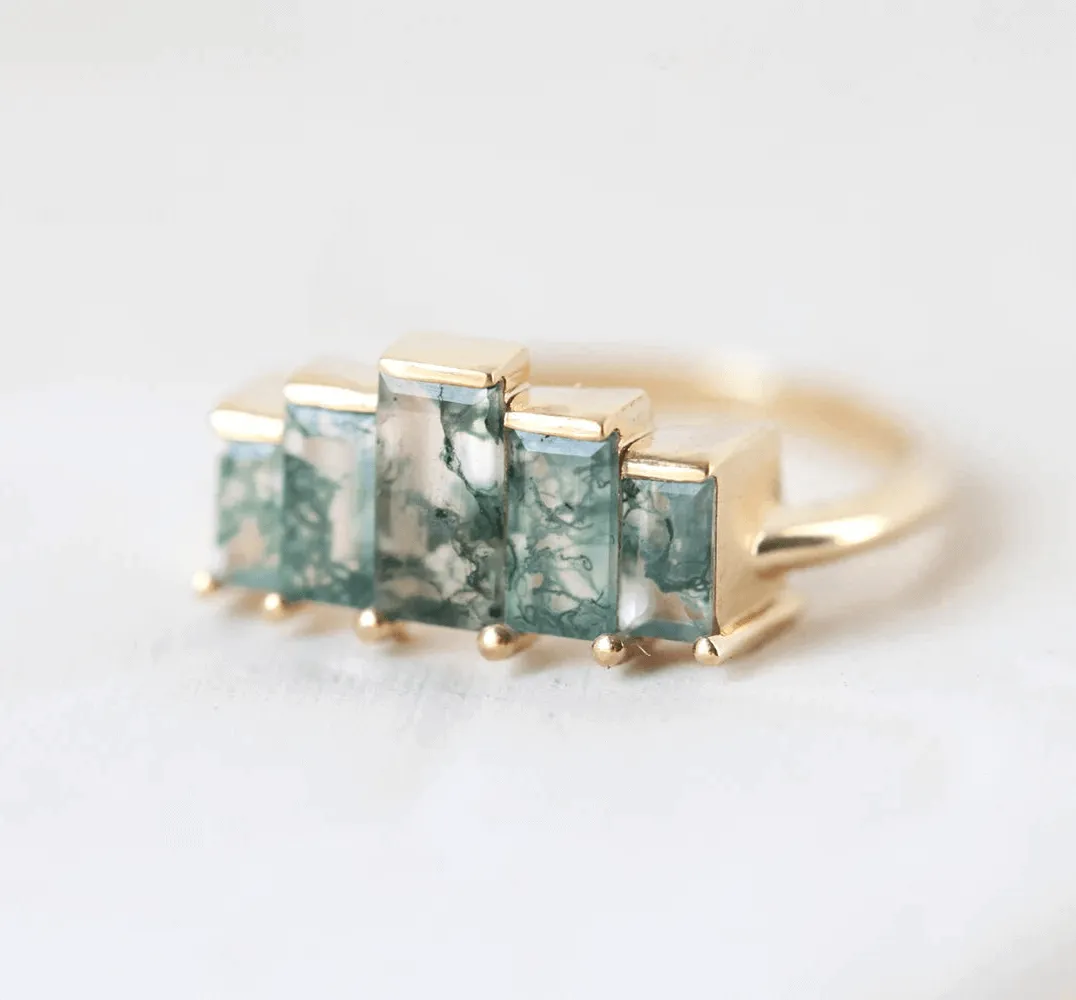Trendolla 14K Gold Multi-Arrangement Square Moss Agate And CZ Diamond Ring Set