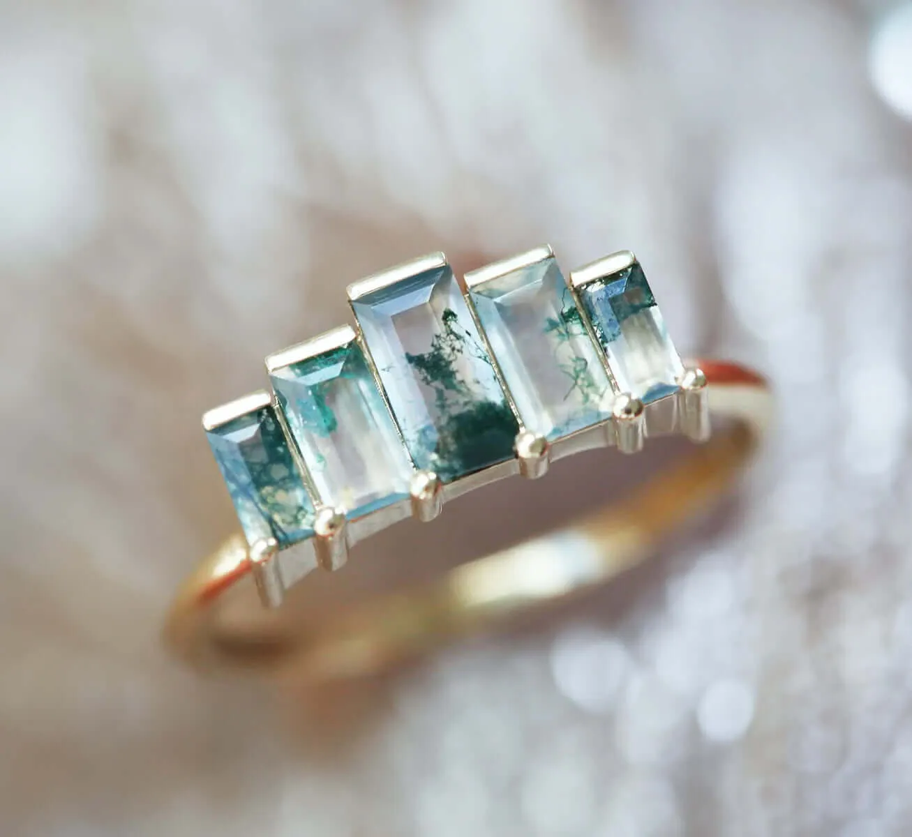 Trendolla 14K Gold Multi-Arrangement Square Moss Agate And CZ Diamond Ring Set