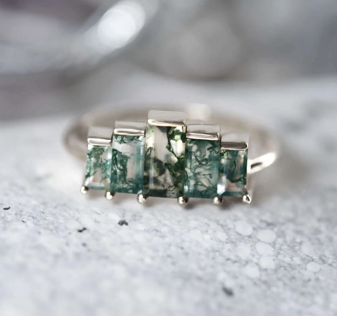 Trendolla 14K Gold Multi-Arrangement Square Moss Agate And CZ Diamond Ring Set