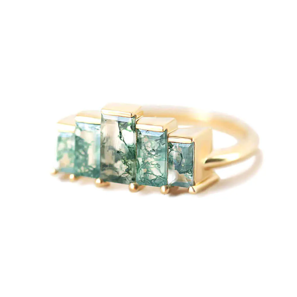 Trendolla 14K Gold Multi-Arrangement Square Moss Agate And CZ Diamond Ring Set