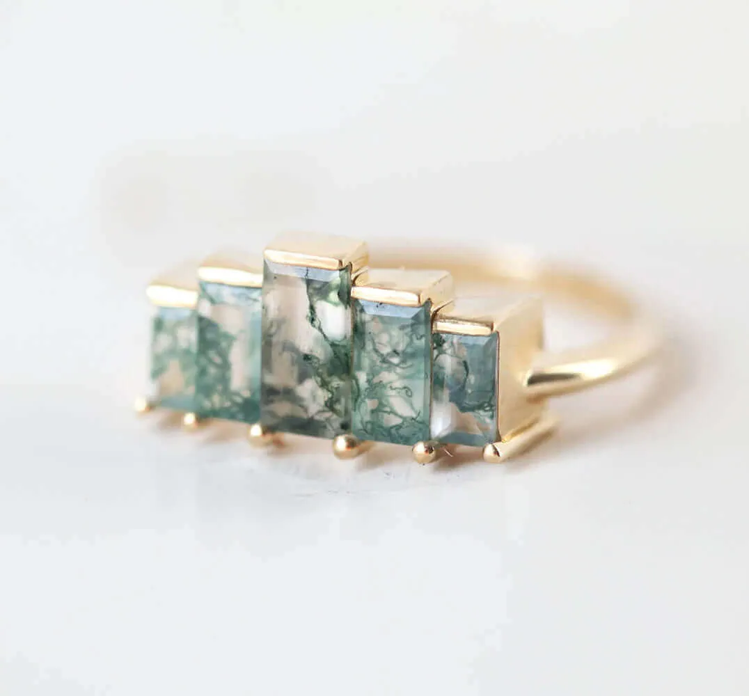 Trendolla 14K Gold Multi-Arrangement Square Moss Agate And CZ Diamond Ring Set