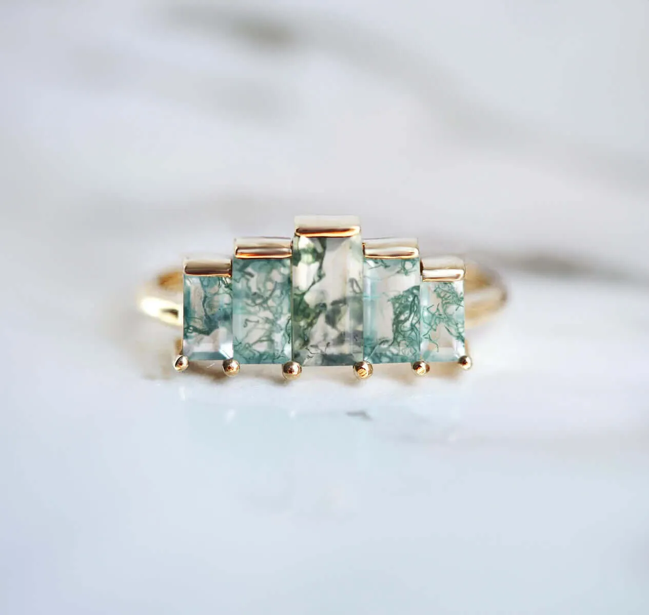 Trendolla 14K Gold Multi-Arrangement Square Moss Agate And CZ Diamond Ring Set