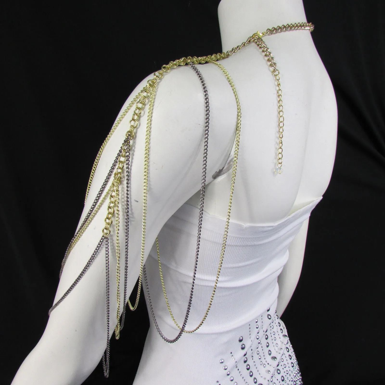 Trendy One Side Body Chain Gold Metal Black Pewter Mesh Chain Necklace Fashion Shoulder Drapes Lady Gaga