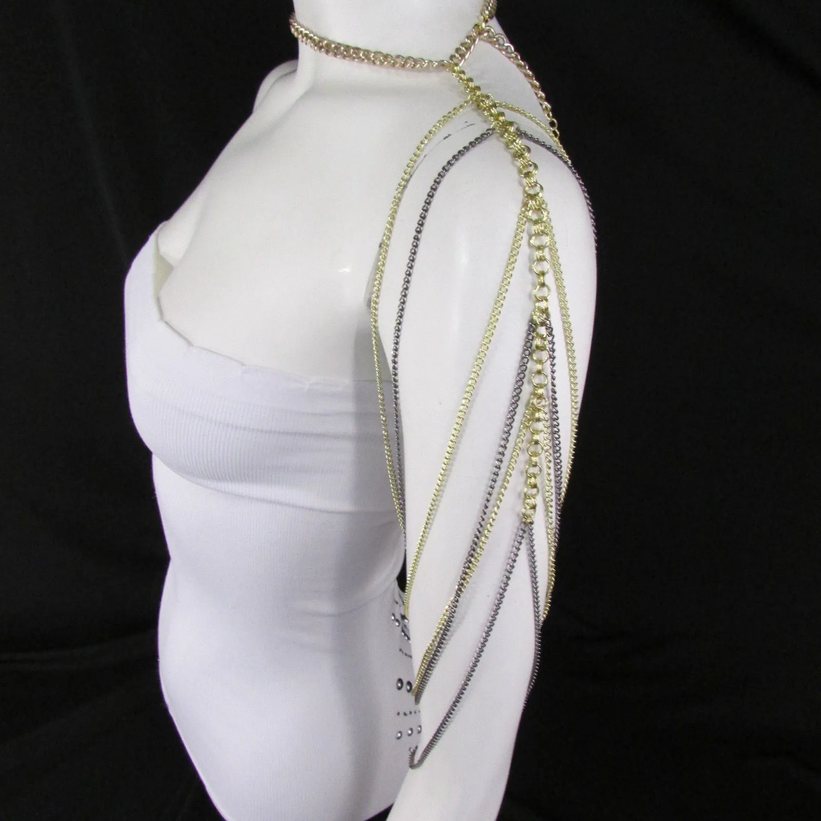 Trendy One Side Body Chain Gold Metal Black Pewter Mesh Chain Necklace Fashion Shoulder Drapes Lady Gaga