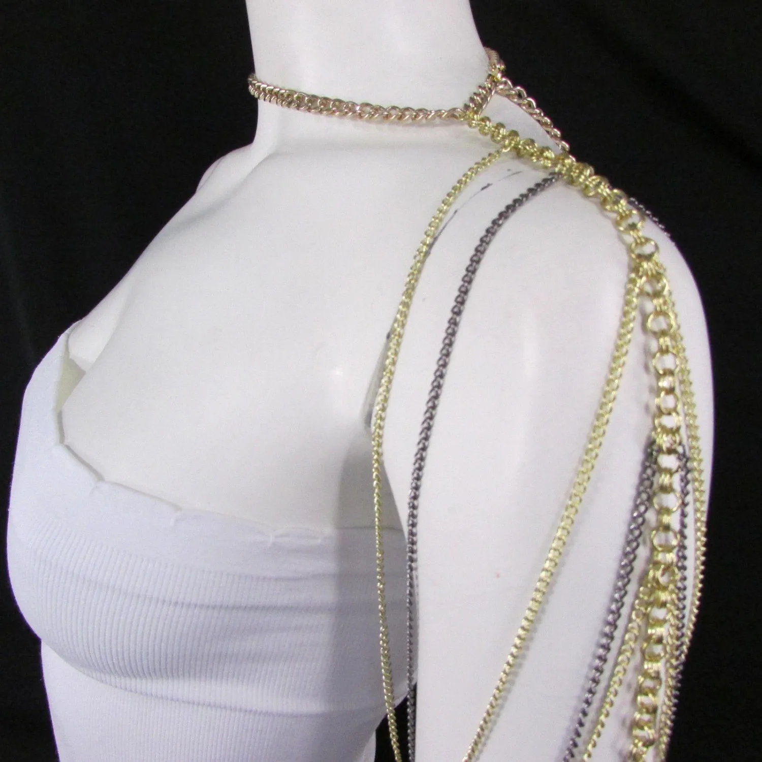Trendy One Side Body Chain Gold Metal Black Pewter Mesh Chain Necklace Fashion Shoulder Drapes Lady Gaga