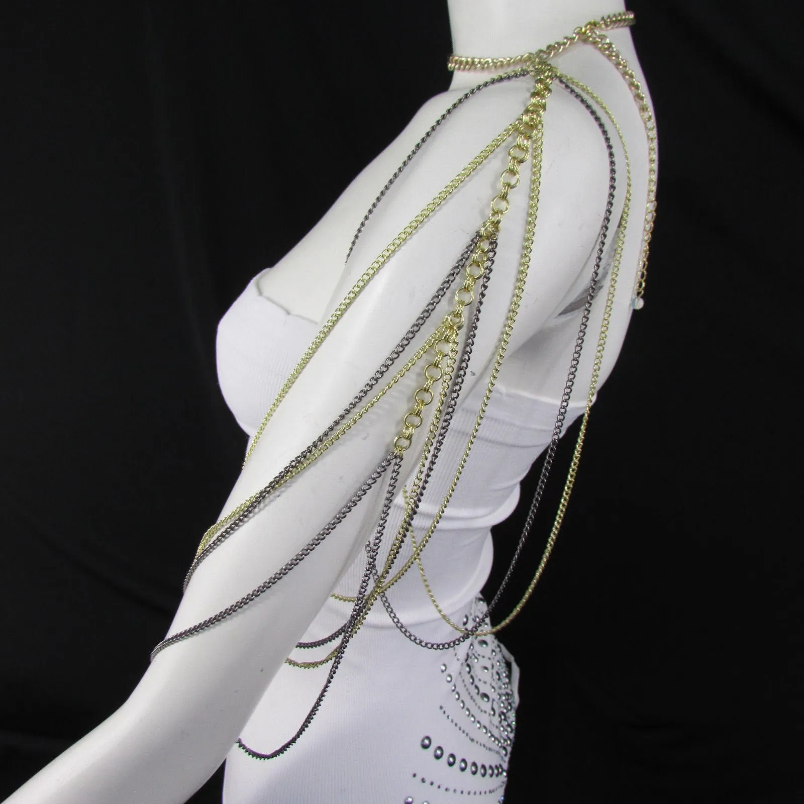 Trendy One Side Body Chain Gold Metal Black Pewter Mesh Chain Necklace Fashion Shoulder Drapes Lady Gaga