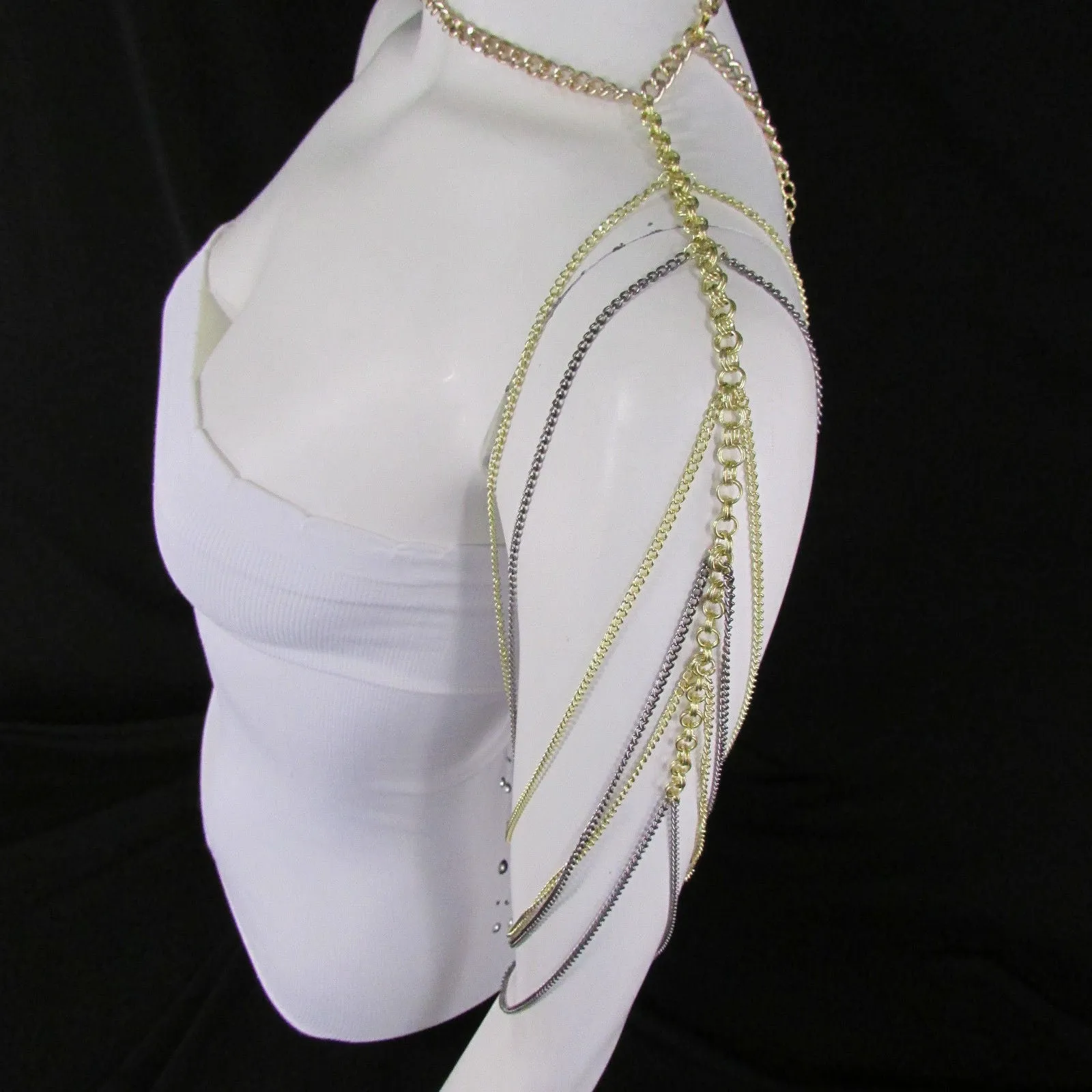 Trendy One Side Body Chain Gold Metal Black Pewter Mesh Chain Necklace Fashion Shoulder Drapes Lady Gaga