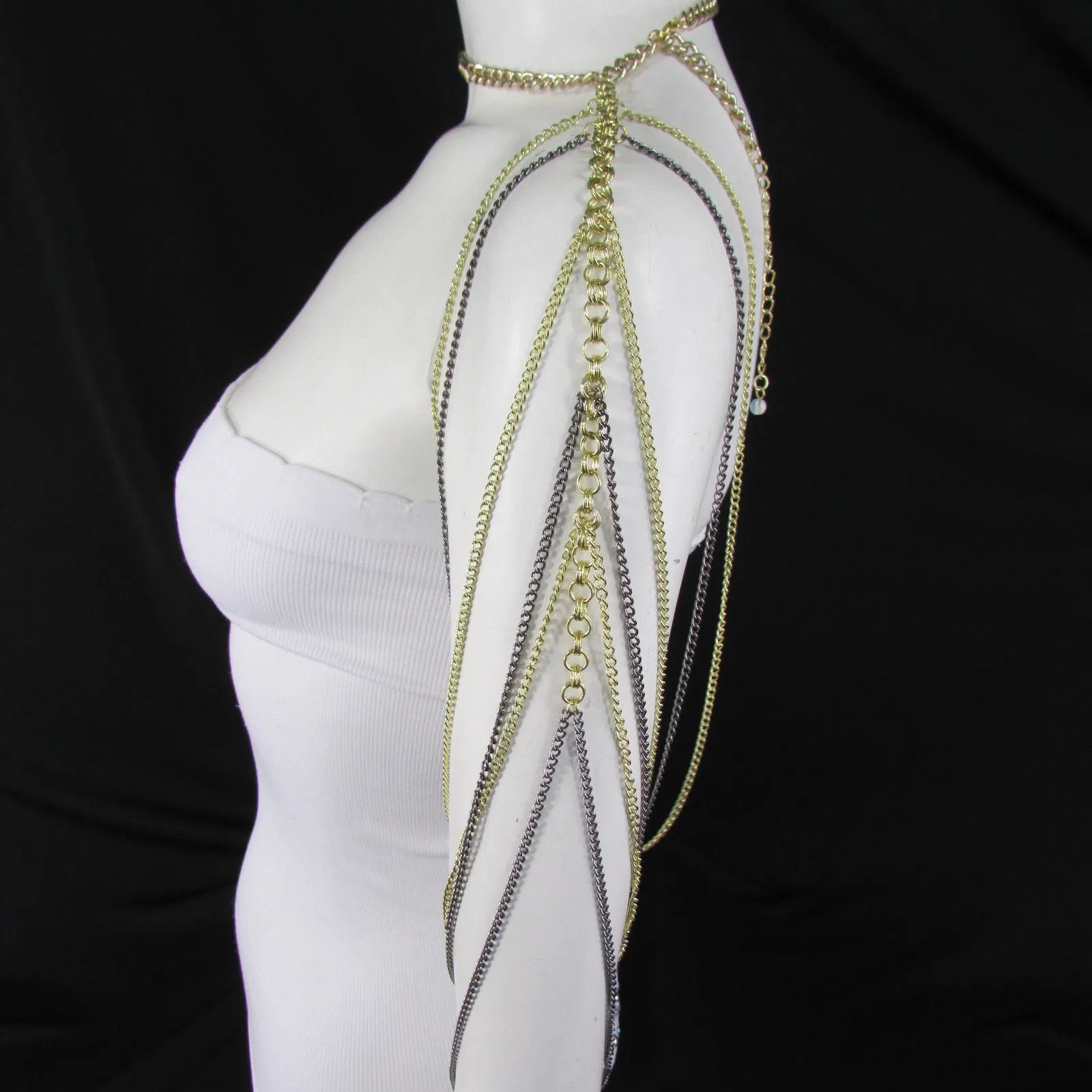 Trendy One Side Body Chain Gold Metal Black Pewter Mesh Chain Necklace Fashion Shoulder Drapes Lady Gaga