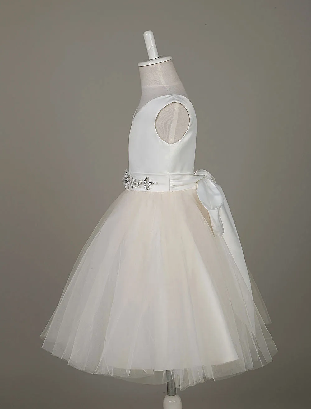 Tulle Satin V Neck Tutu Dress Ivory Beading Waist Sleeveless A-line Dinner Dress With Sash