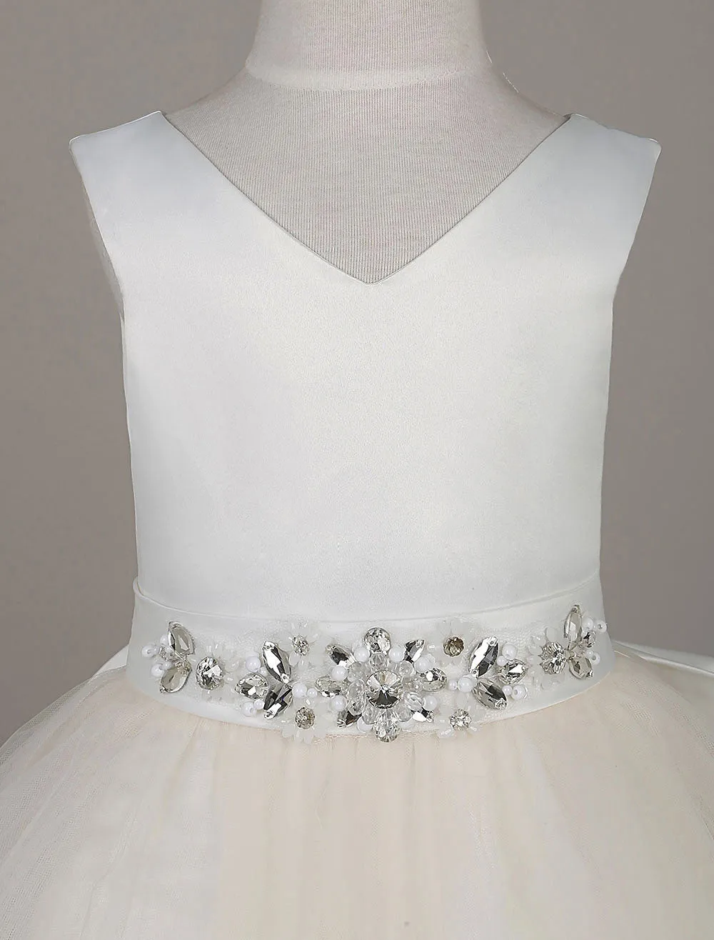 Tulle Satin V Neck Tutu Dress Ivory Beading Waist Sleeveless A-line Dinner Dress With Sash
