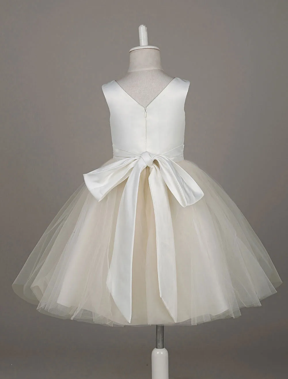 Tulle Satin V Neck Tutu Dress Ivory Beading Waist Sleeveless A-line Dinner Dress With Sash