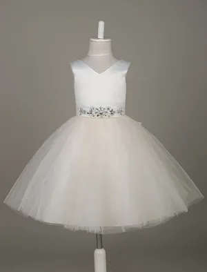 Tulle Satin V Neck Tutu Dress Ivory Beading Waist Sleeveless A-line Dinner Dress With Sash