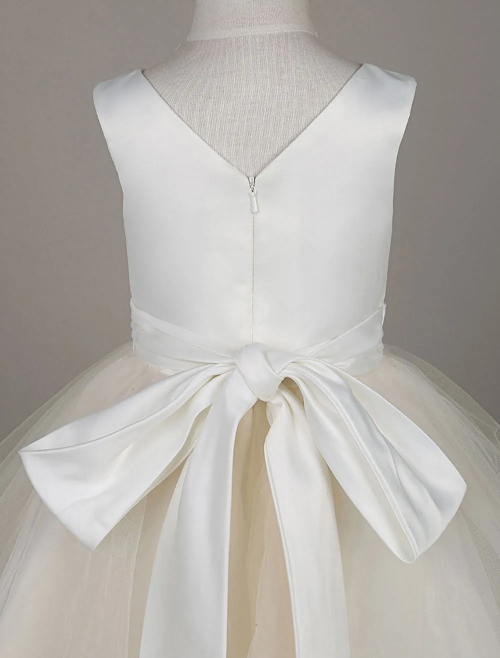 Tulle Satin V Neck Tutu Dress Ivory Beading Waist Sleeveless A-line Dinner Dress With Sash