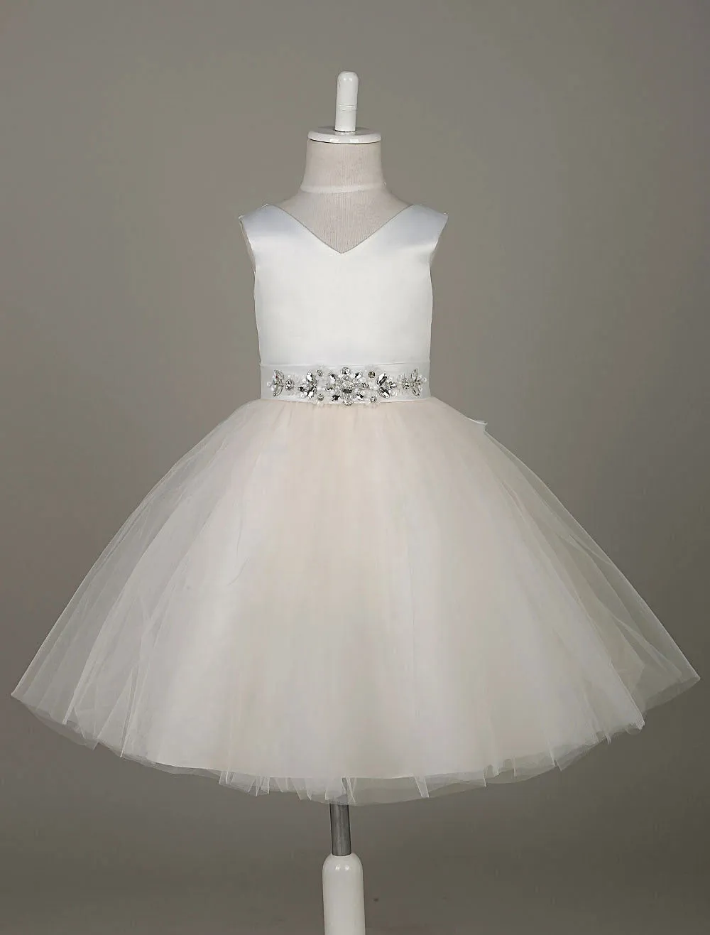 Tulle Satin V Neck Tutu Dress Ivory Beading Waist Sleeveless A-line Dinner Dress With Sash