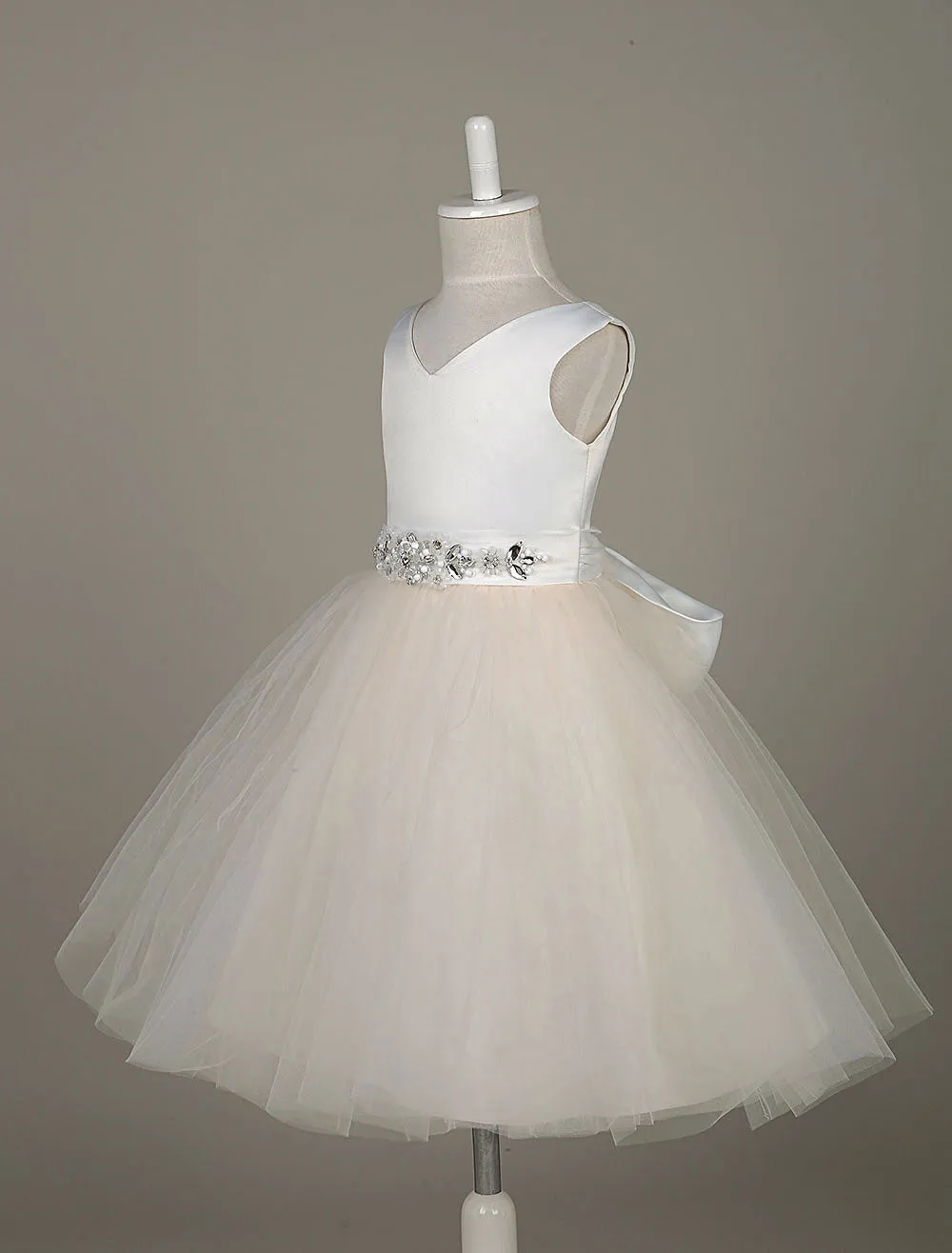 Tulle Satin V Neck Tutu Dress Ivory Beading Waist Sleeveless A-line Dinner Dress With Sash