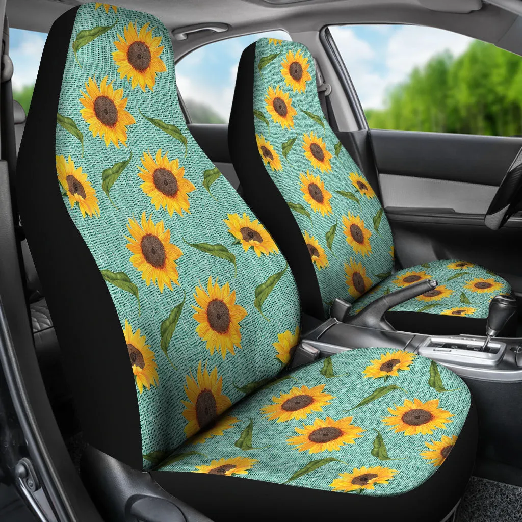 Turquoise Burlap With Sunflowers Car Seat Covers