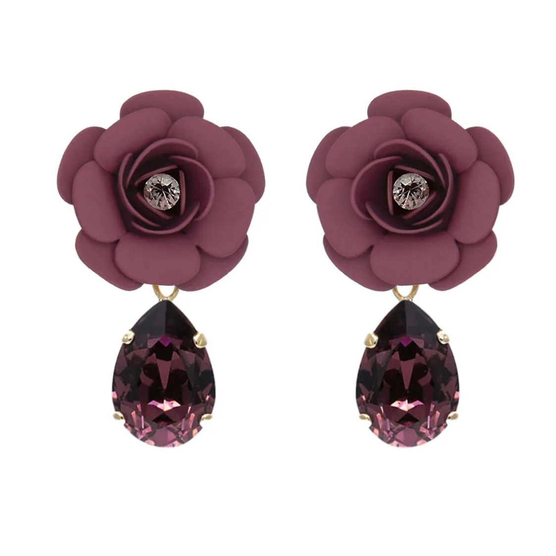 Tuscany Grape Purple Camellia Dangle Drop Earrings with Crystal Drop - Silk Effect