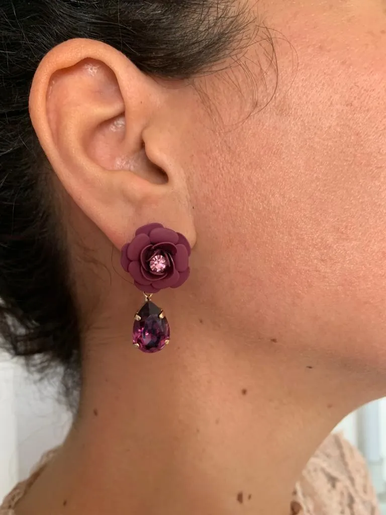 Tuscany Grape Purple Camellia Dangle Drop Earrings with Crystal Drop - Silk Effect