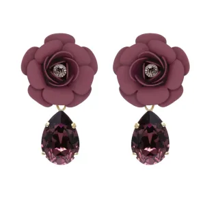 Tuscany Grape Purple Camellia Dangle Drop Earrings with Crystal Drop - Silk Effect