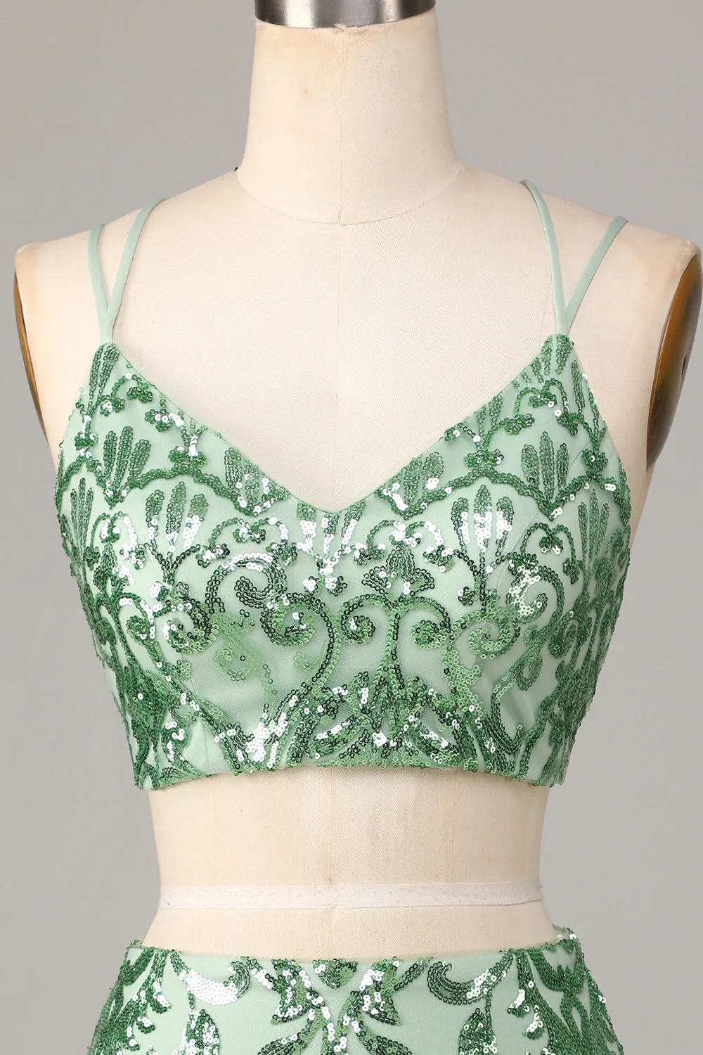 Ultimate Glow Green Two Piece Spaghetti Straps Sequins Short Homecoming Dress