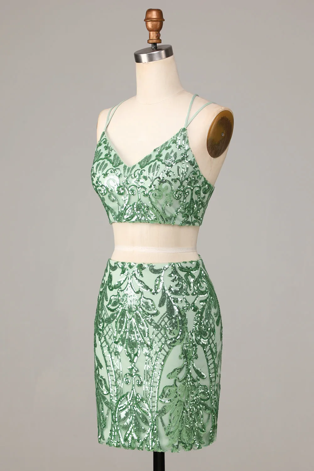 Ultimate Glow Green Two Piece Spaghetti Straps Sequins Short Homecoming Dress