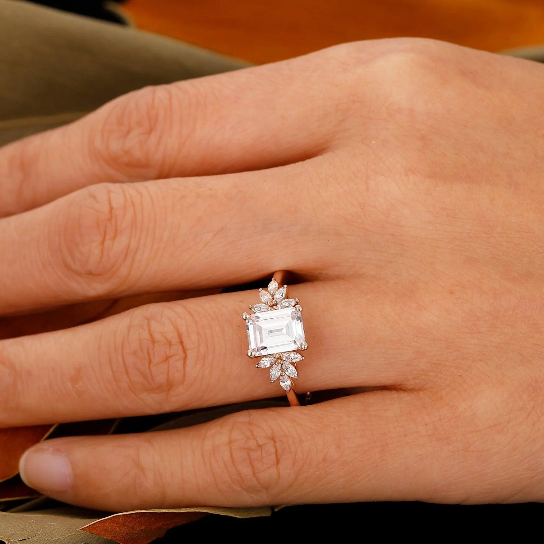 Unique Design 2 Carat Emerald Cut Side Stone Moissanite Engagement Ring Anniversary Gifts