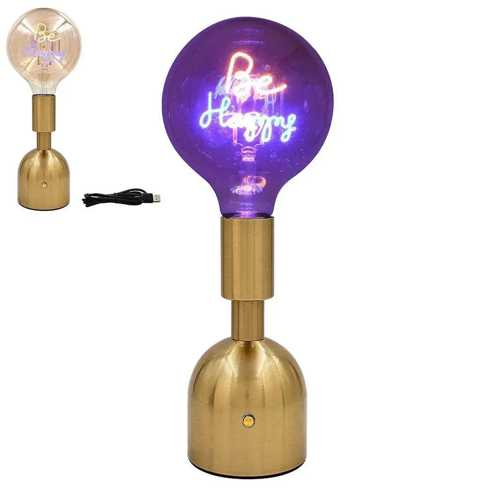 USB Cordless Rechargeable Table Lamp with Brass Base, LED Bulb and Neon Text | Choice of Message