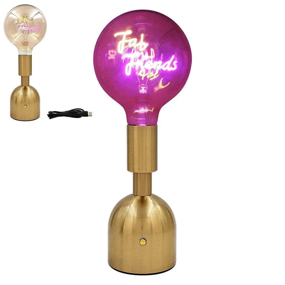 USB Cordless Rechargeable Table Lamp with Brass Base, LED Bulb and Neon Text | Choice of Message