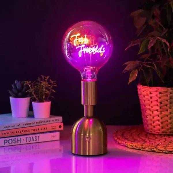 USB Cordless Rechargeable Table Lamp with Brass Base, LED Bulb and Neon Text | Choice of Message