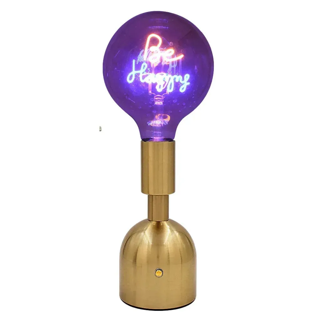USB Cordless Rechargeable Table Lamp with Brass Base, LED Bulb and Neon Text | Choice of Message