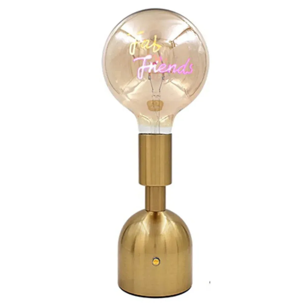 USB Cordless Rechargeable Table Lamp with Brass Base, LED Bulb and Neon Text | Choice of Message