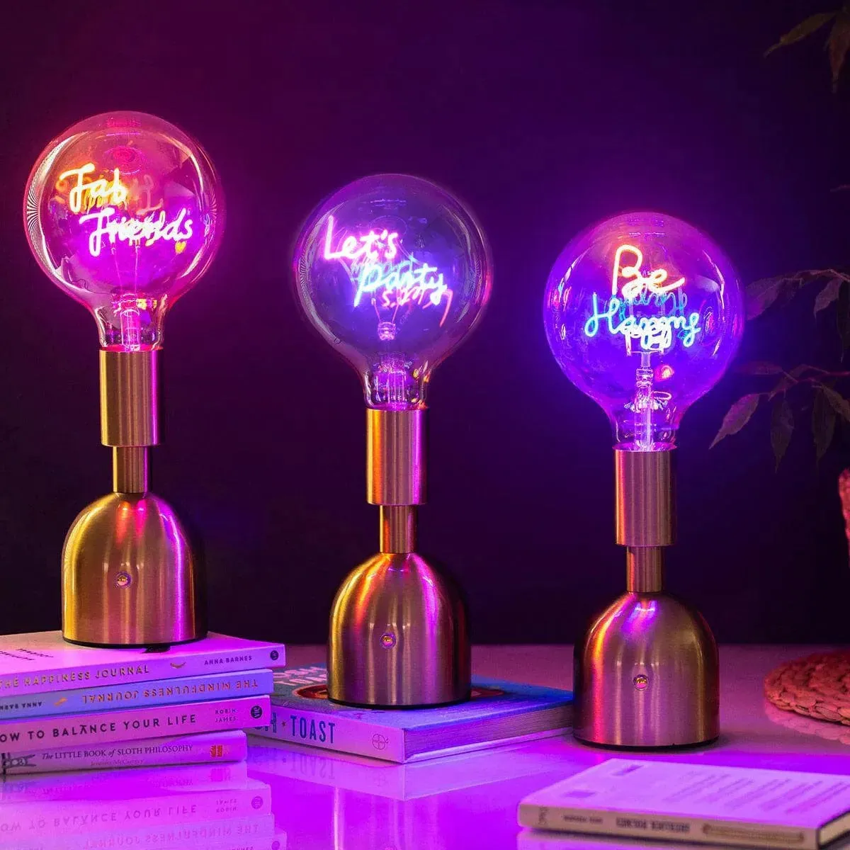 USB Cordless Rechargeable Table Lamp with Brass Base, LED Bulb and Neon Text | Choice of Message