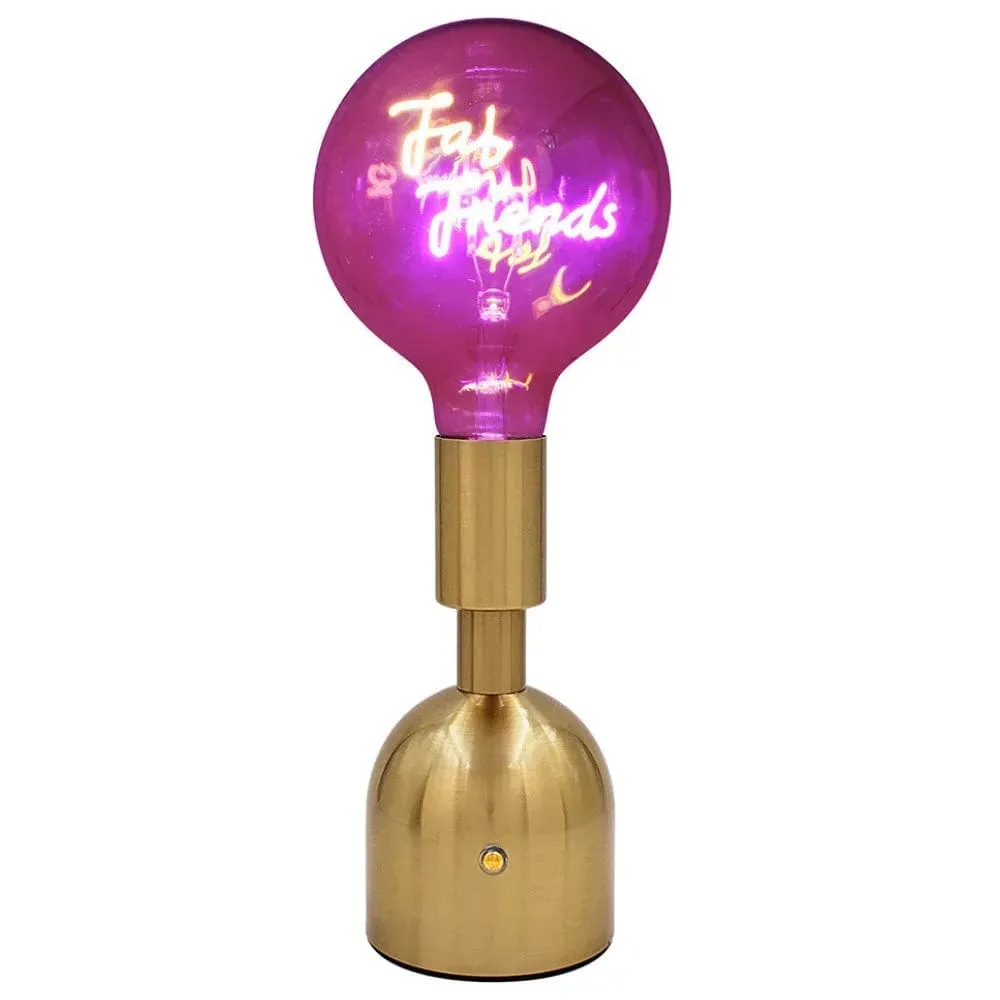 USB Cordless Rechargeable Table Lamp with Brass Base, LED Bulb and Neon Text | Choice of Message