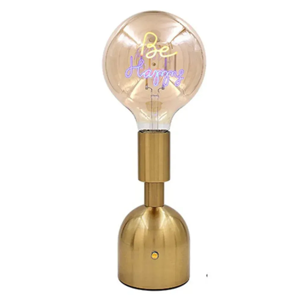 USB Cordless Rechargeable Table Lamp with Brass Base, LED Bulb and Neon Text | Choice of Message