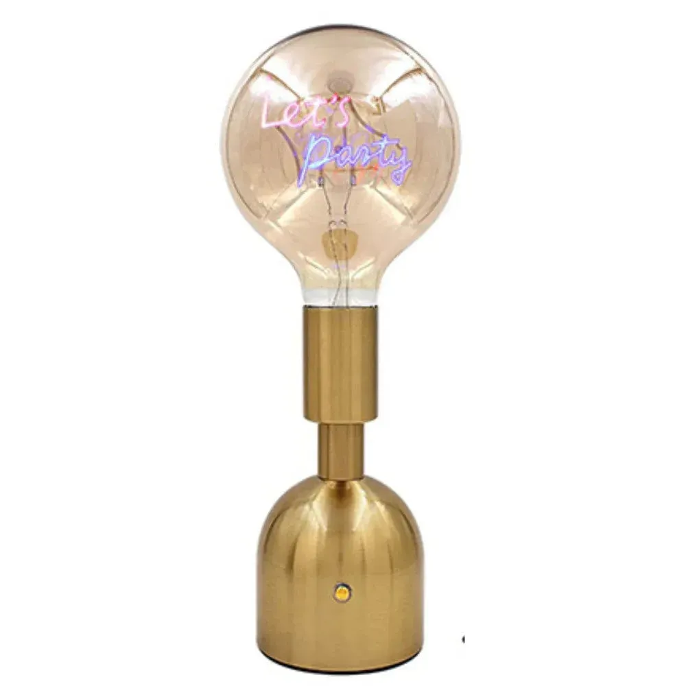USB Cordless Rechargeable Table Lamp with Brass Base, LED Bulb and Neon Text | Choice of Message