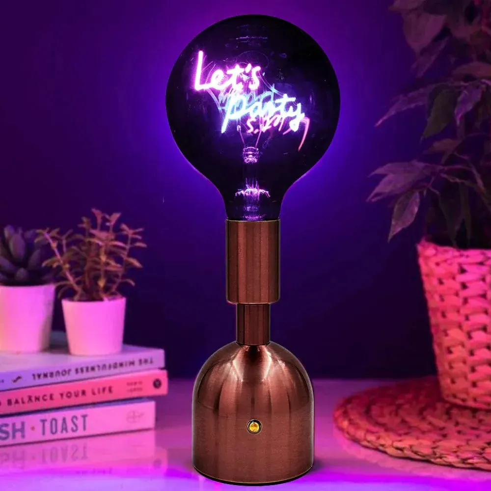 USB Cordless Rechargeable Table Lamp with Brass Base, LED Bulb and Neon Text | Choice of Message