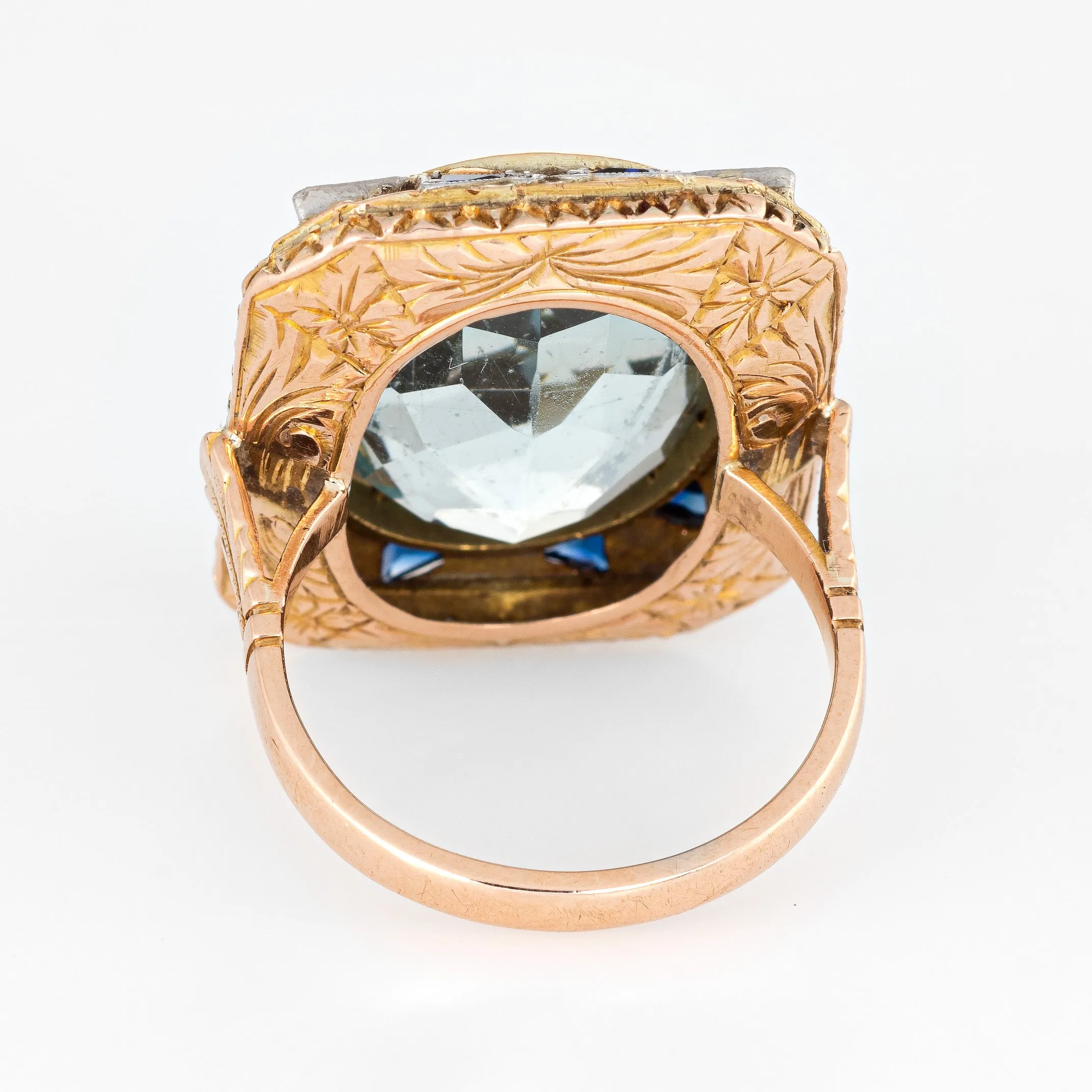 Vintage 10ct Aquamarine Sapphire Ring 18k Yellow Gold Square Antique Jewelry
