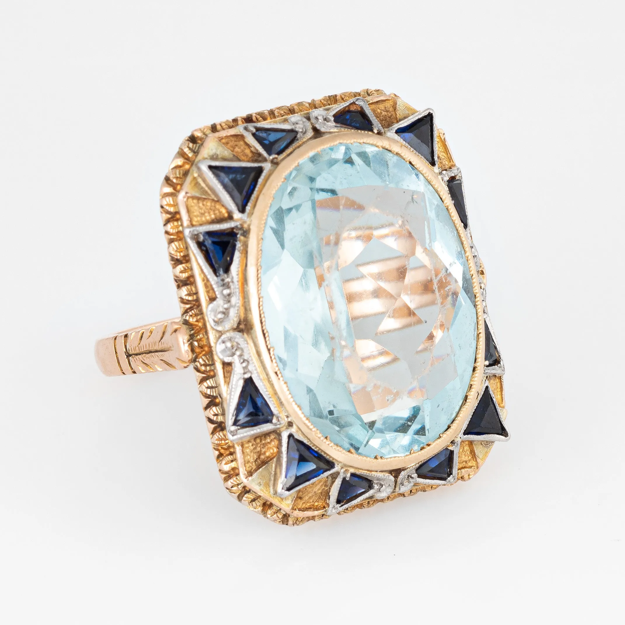 Vintage 10ct Aquamarine Sapphire Ring 18k Yellow Gold Square Antique Jewelry