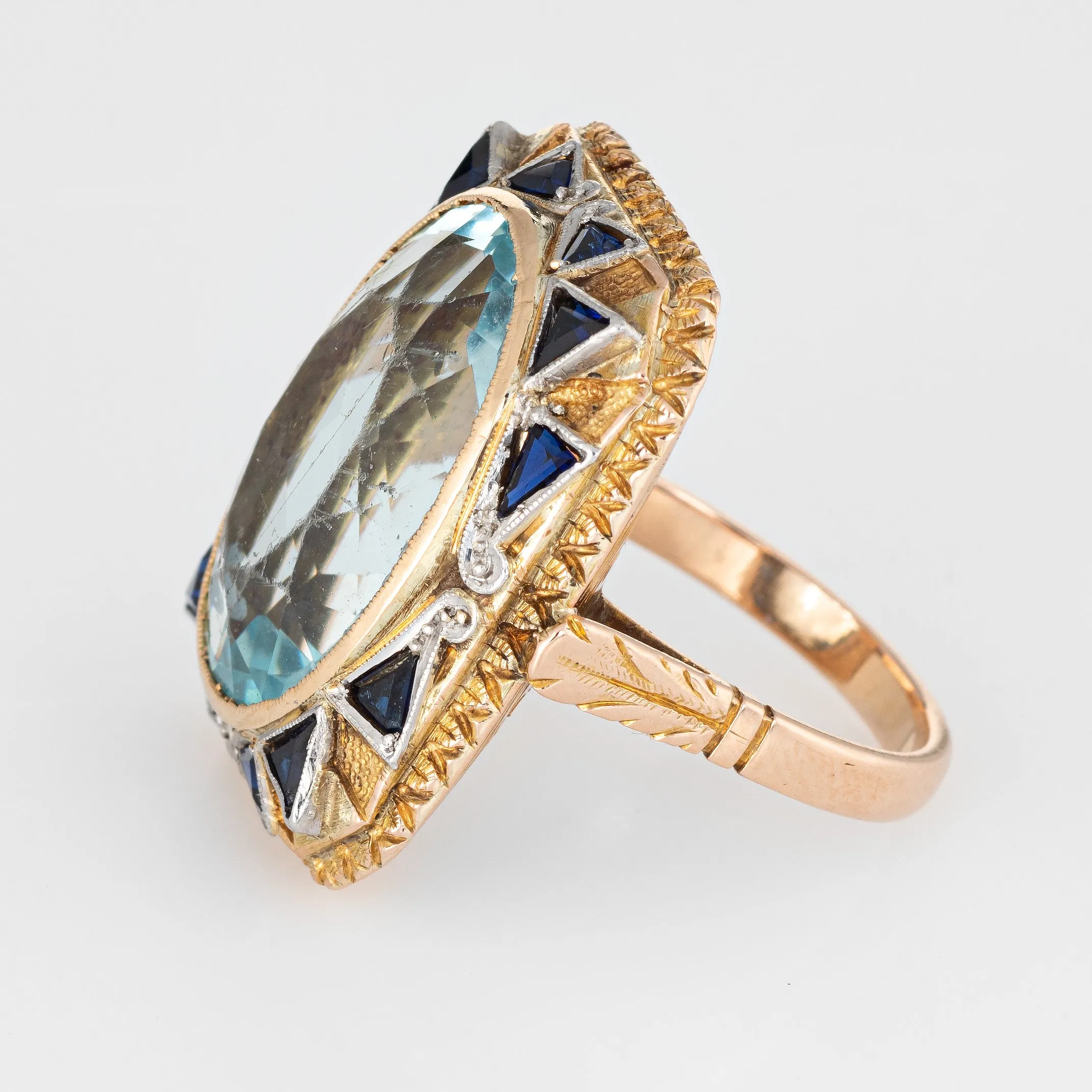 Vintage 10ct Aquamarine Sapphire Ring 18k Yellow Gold Square Antique Jewelry