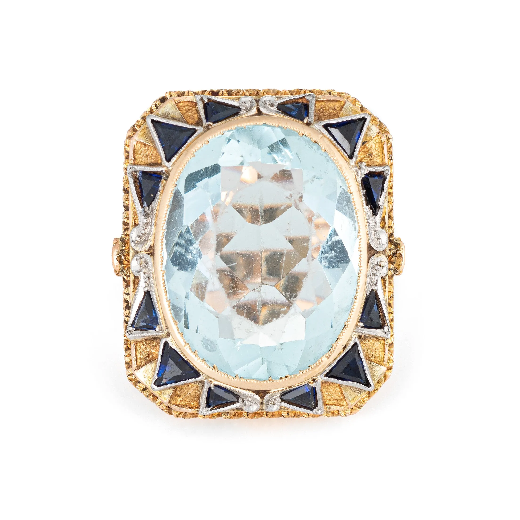 Vintage 10ct Aquamarine Sapphire Ring 18k Yellow Gold Square Antique Jewelry