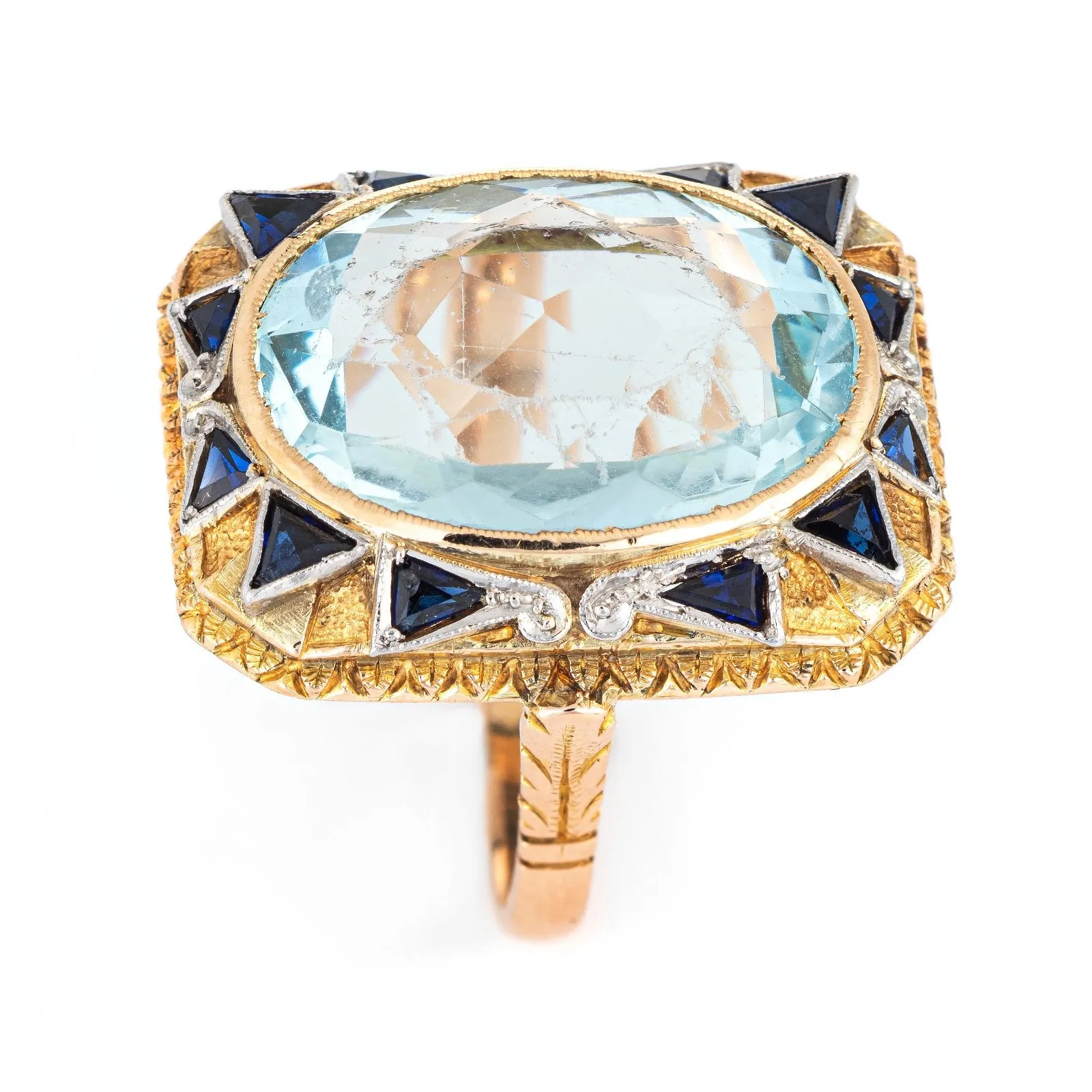 Vintage 10ct Aquamarine Sapphire Ring 18k Yellow Gold Square Antique Jewelry