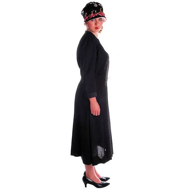 Vintage Black Fine Wool Art Deco Era Dress Large Size Late 1920s Great Details