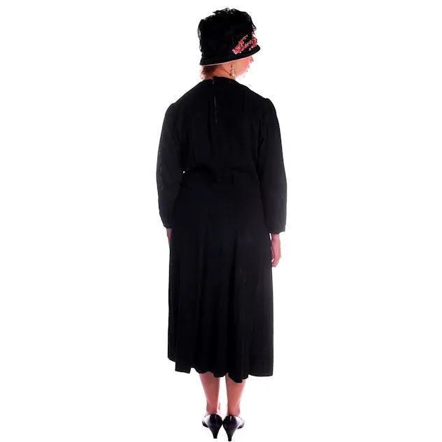 Vintage Black Fine Wool Art Deco Era Dress Large Size Late 1920s Great Details