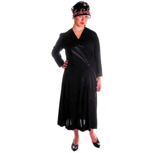 Vintage Black Fine Wool Art Deco Era Dress Large Size Late 1920s Great Details