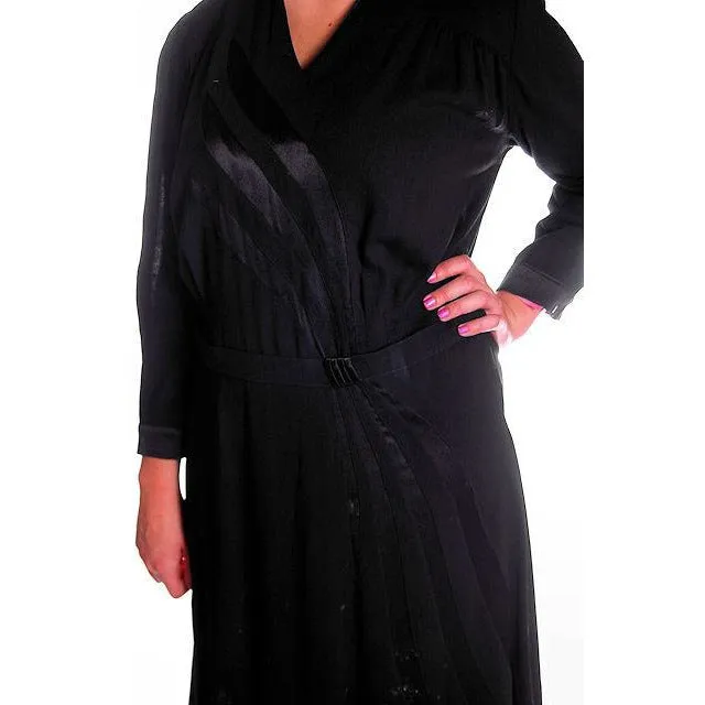 Vintage Black Fine Wool Art Deco Era Dress Large Size Late 1920s Great Details