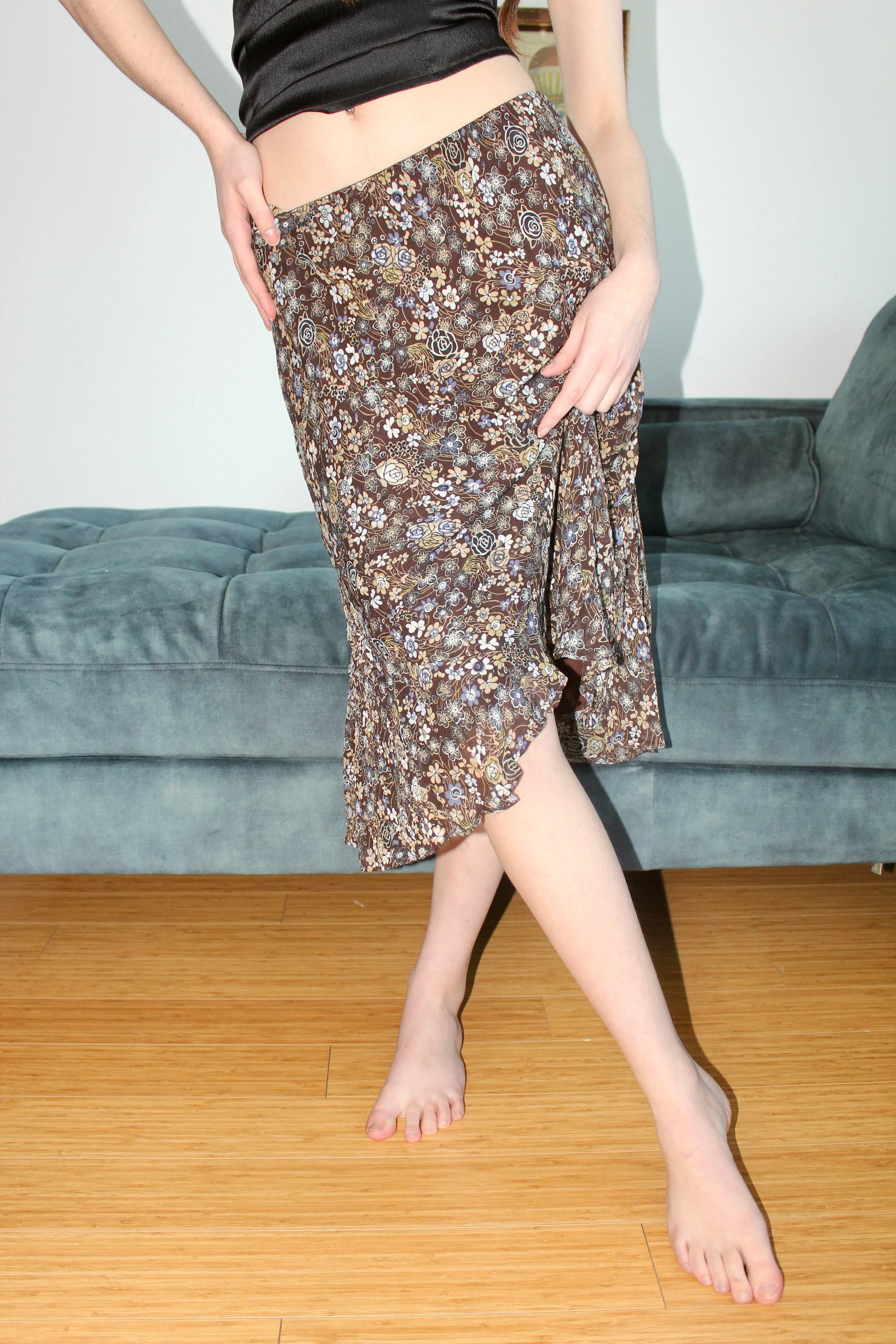 Vintage Rustic Floral Midi Skirt (S)