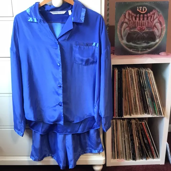 Vintage Victoria’s Secret Blue PJ Set 90‘ y2k Sexy Lounge Matching Large 2 Piece