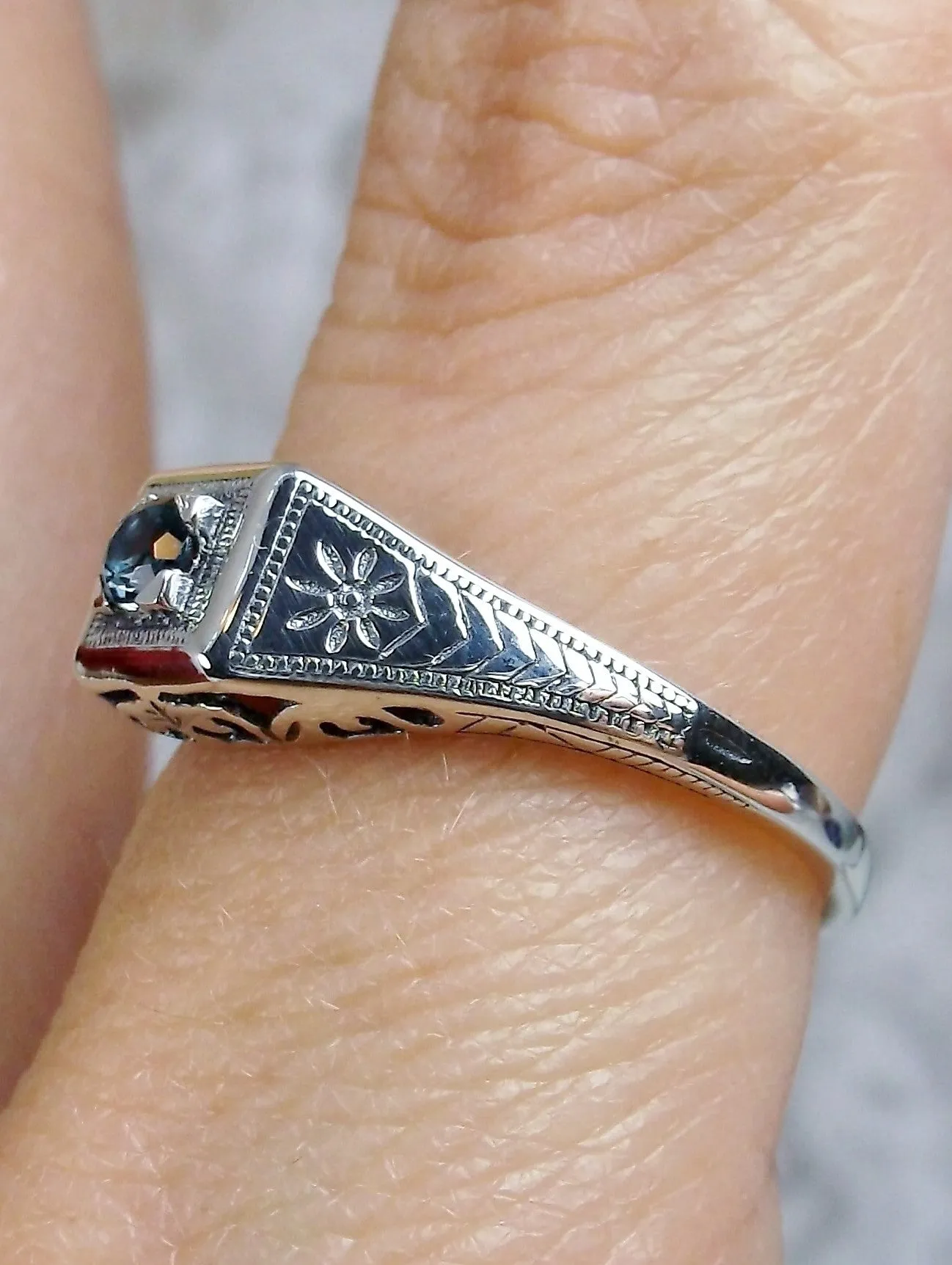 Wedding Ring, Natural London Blue Topaz, Vintage Art Deco Jewelry #D155