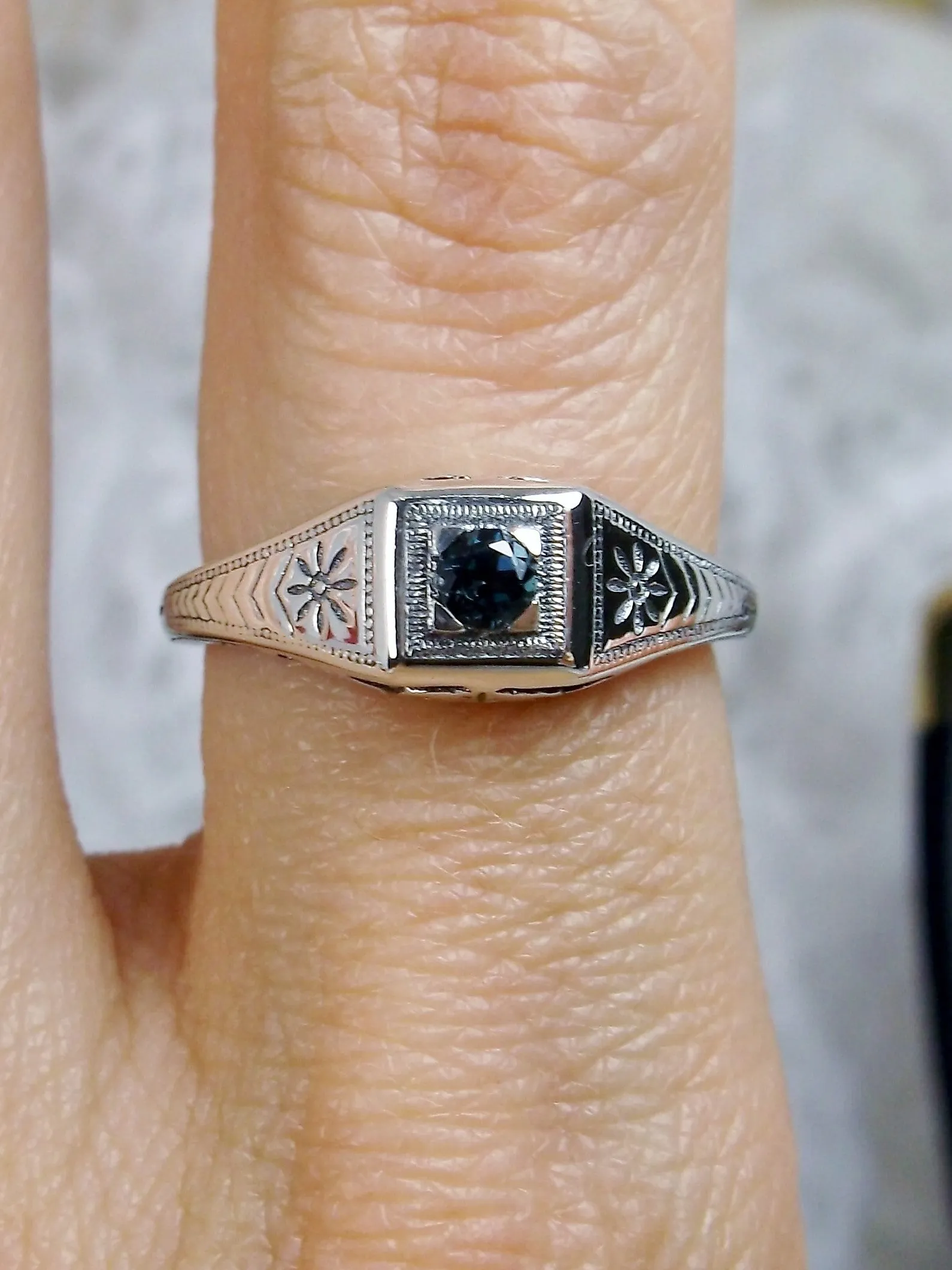 Wedding Ring, Natural London Blue Topaz, Vintage Art Deco Jewelry #D155