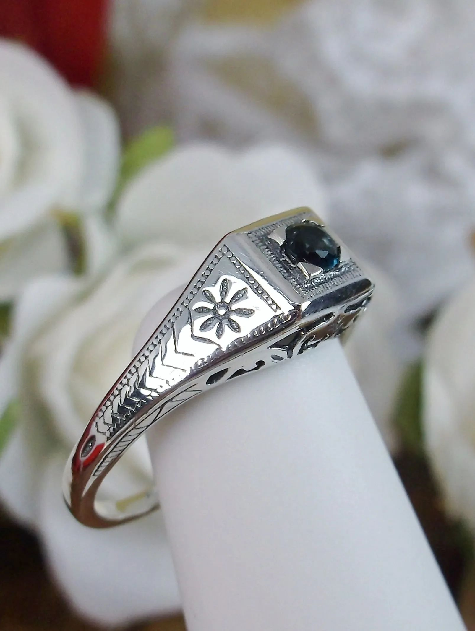 Wedding Ring, Natural London Blue Topaz, Vintage Art Deco Jewelry #D155
